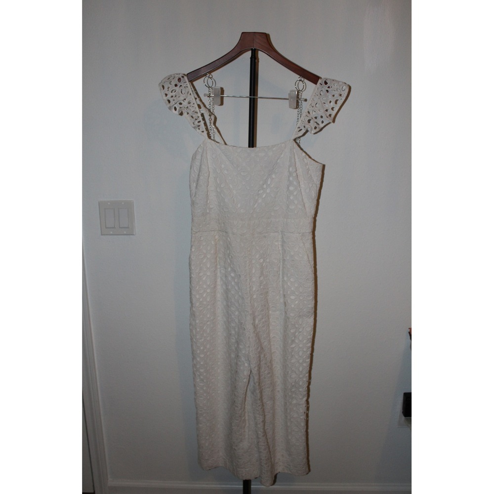 J.Crew Women's White Eyelet Flutter Sleeve Wide Leg Cropped Jumpsuit Size 6